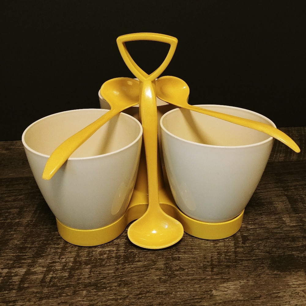 Tupperware Vintage Condiment 3 Cup Server with Spoons. Yellow, Cream #757, 758